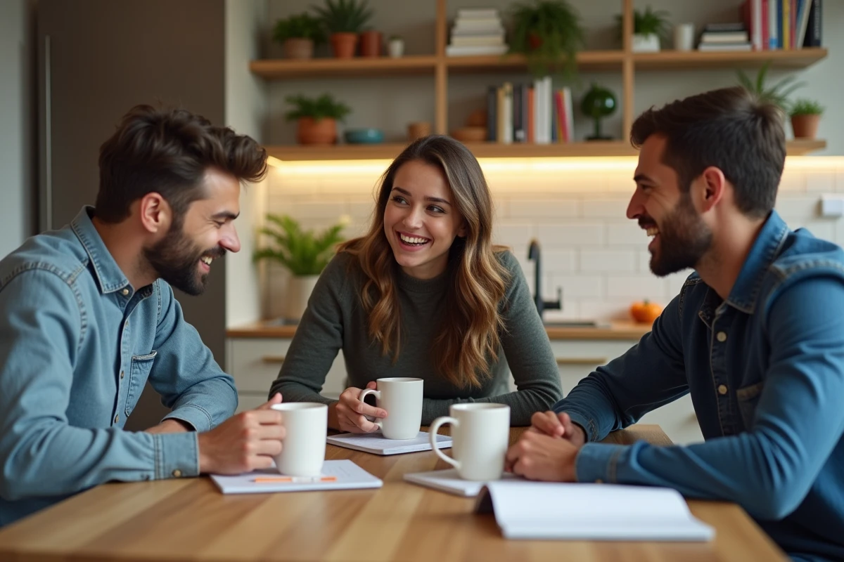 Trois amis discutant autour d une table de cuisine moderne