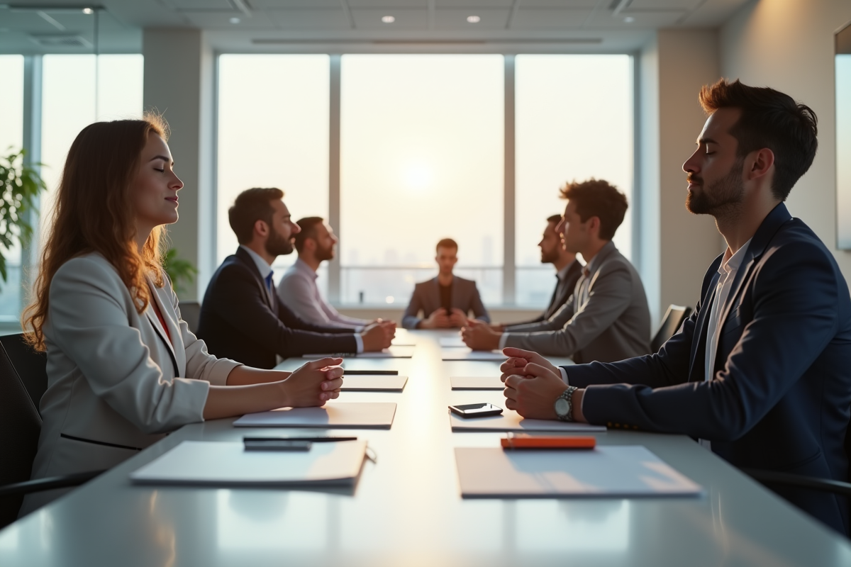 Professionnels en réunion calme et concentrée en entreprise