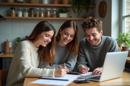 Trois jeunes adultes autour d'une table de cuisine en train de travailler