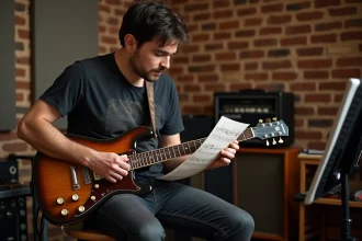 Guitariste adulte lisant une partition de guitare électrique dans un studio d'enregistrement maison avec ampli vintage en arrière-plan