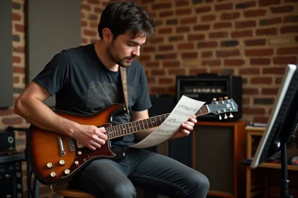 Guitariste adulte lisant une partition de guitare électrique dans un studio d'enregistrement maison avec ampli vintage en arrière-plan
