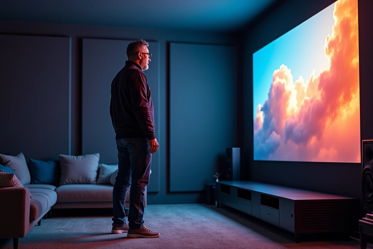 Homme ajustant un projecteur 4K dans une salle home theater