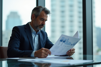Homme d'affaires en costume bleu examinant des rapports économiques