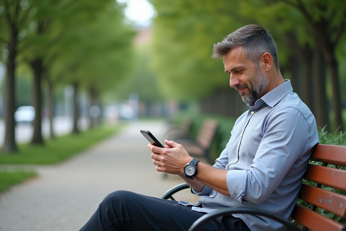 Homme utilise une application de budget en plein air