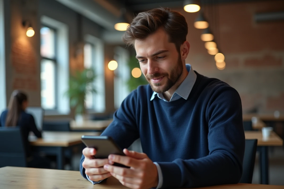 Homme consultant une application de rencontre sur son smartphone dans un espace de coworking moderne
