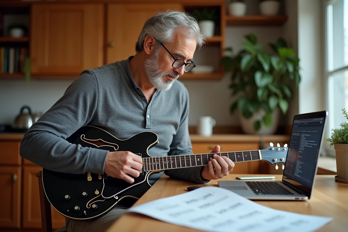 Homme d'âge mûr apprenant des riffs rock sur guitare électrique avec partition imprimée et logiciel de tablature sur laptop à la maison