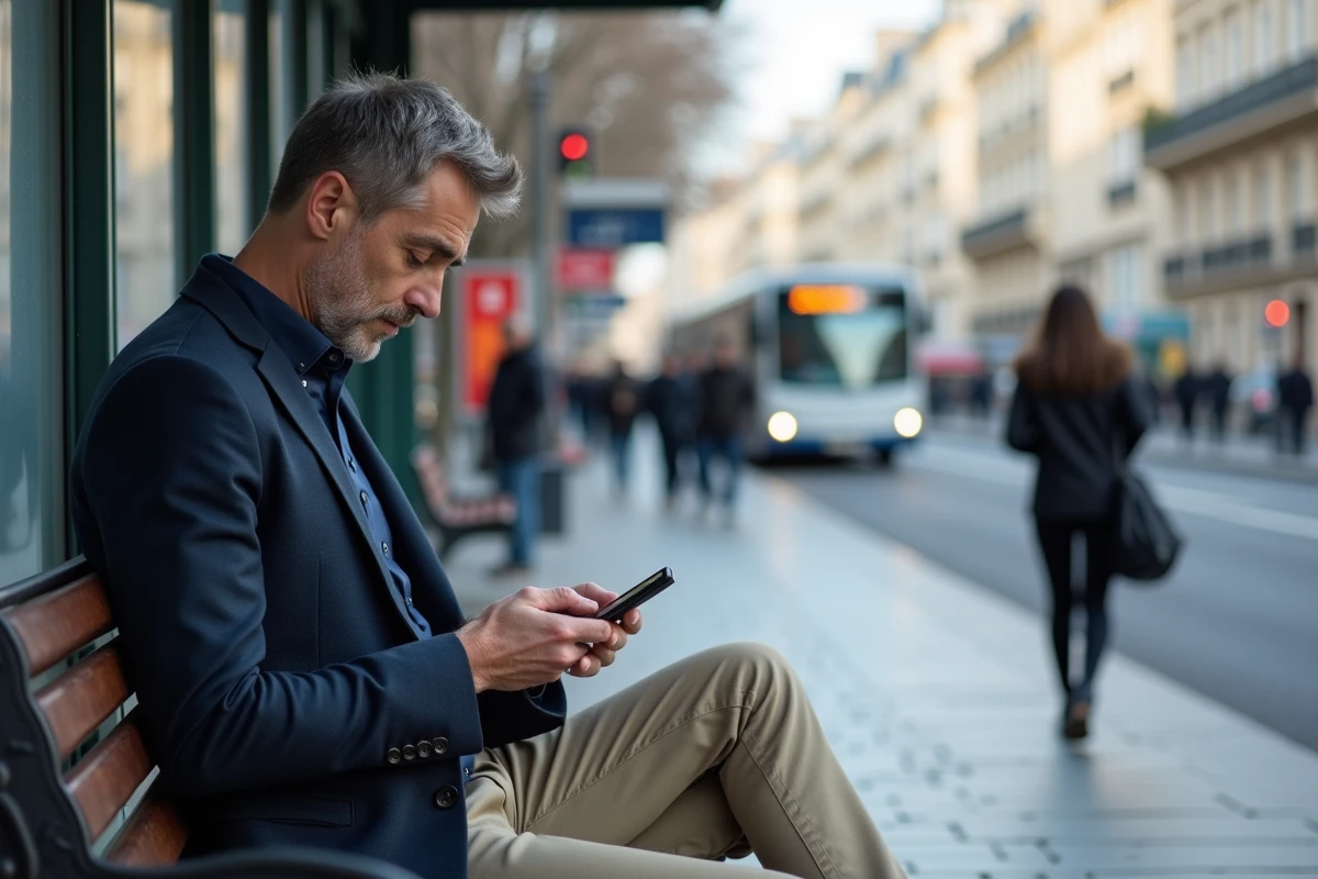 Homme patient attendant à un arrêt de bus parisien