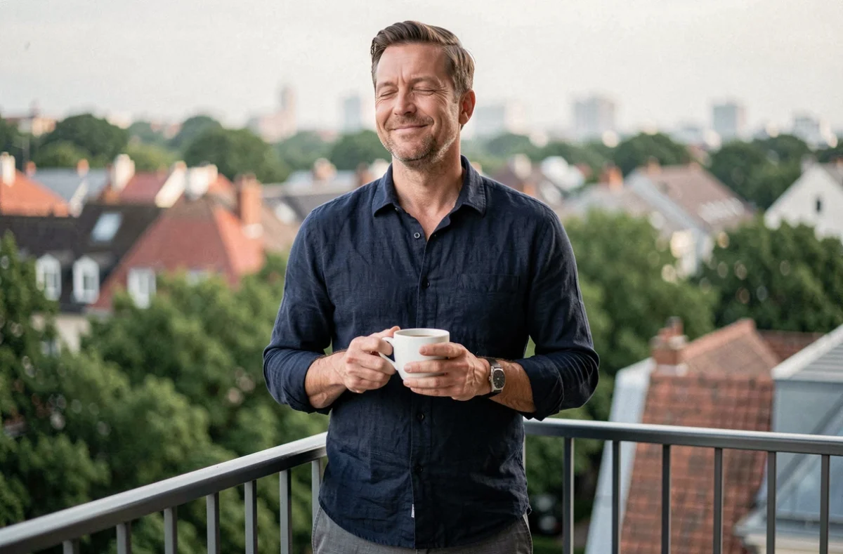 Homme méditatif sur un balcon urbain tenant un café lors d'un rituel matinal positif