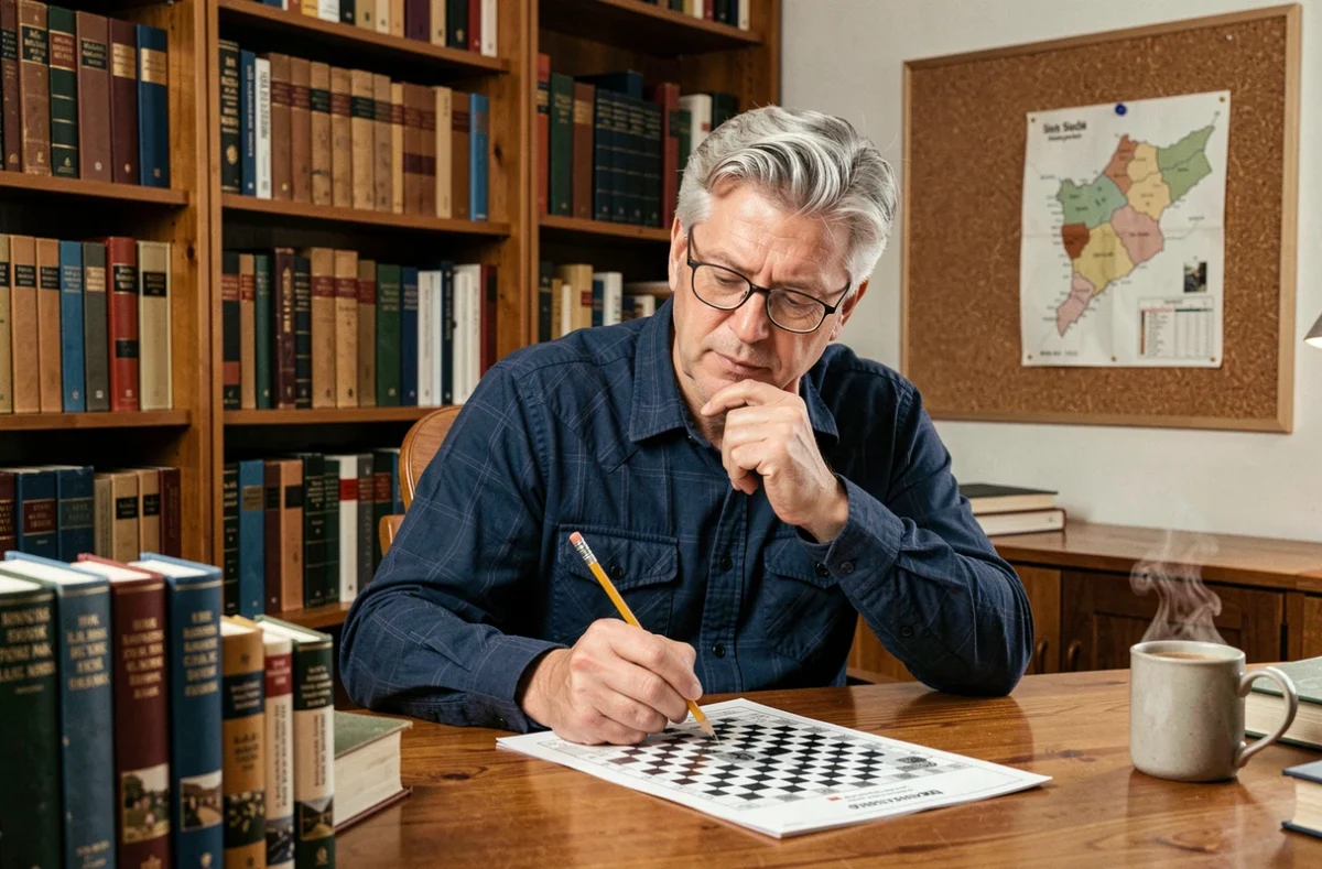 Homme d'âge mûr cherchant des solutions de mots fléchés sur les cantons suisses dans une bibliothèque