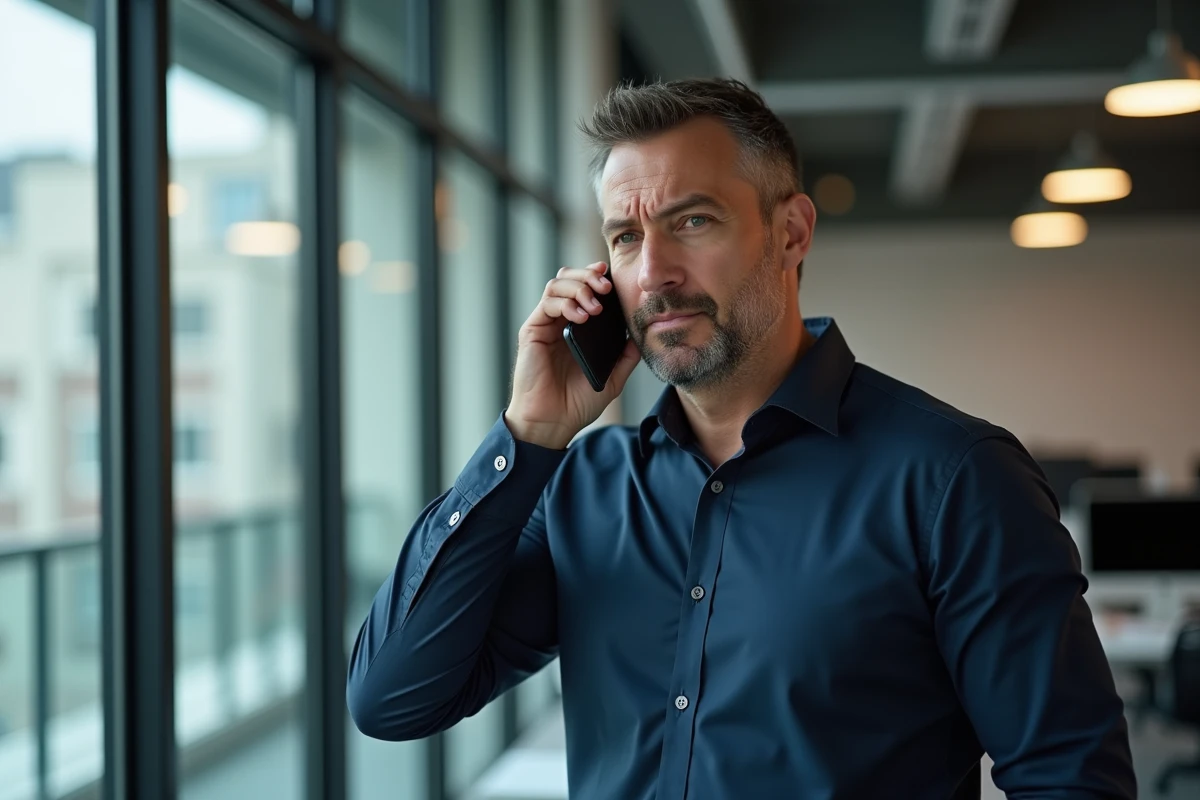 Homme en bureau tenant son téléphone à l'oreille et tombant sur la messagerie, cherchant à savoir si son numéro a été bloqué