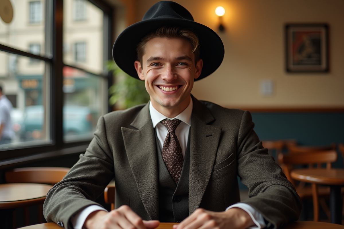 Homme en costume vintage dans un café des années 40