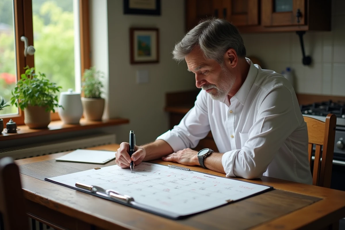 Homme âgé marquant dates sur calendrier dans cuisine