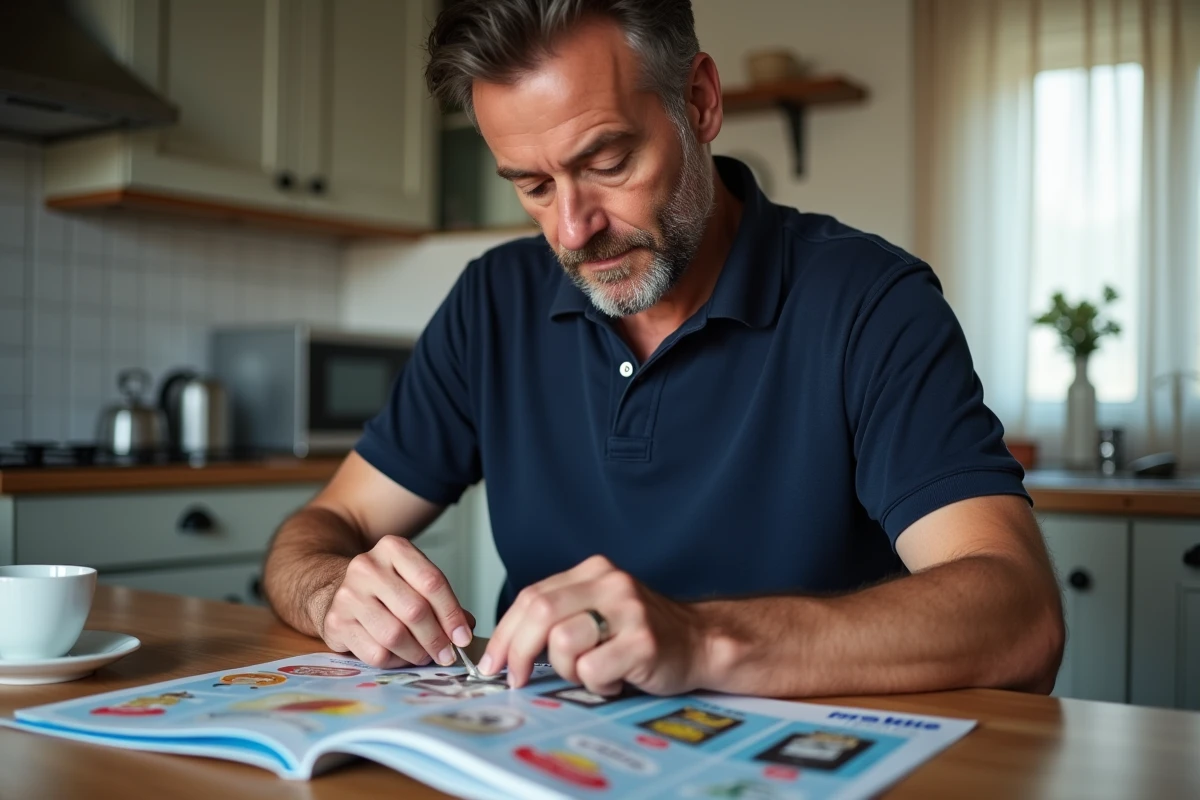 Homme découpant des vignettes Intermarché depuis un catalogue promotionnel à la maison