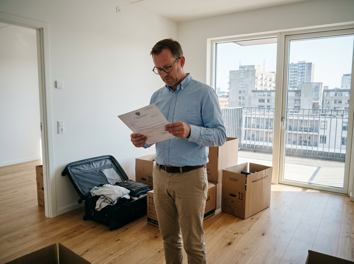 Homme en appartement avec valises en pleine transition