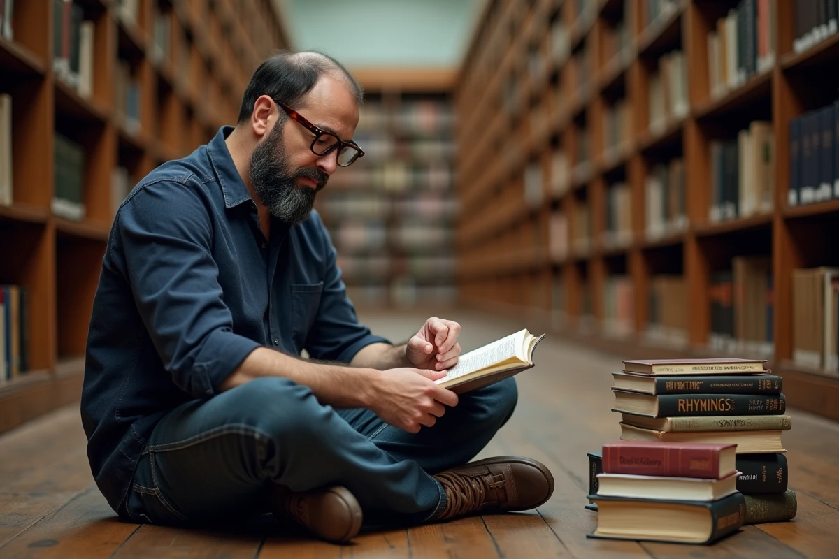 Homme consultant des dictionnaires de rimes assis sur le sol d'une bibliothèque classique entouré de livres