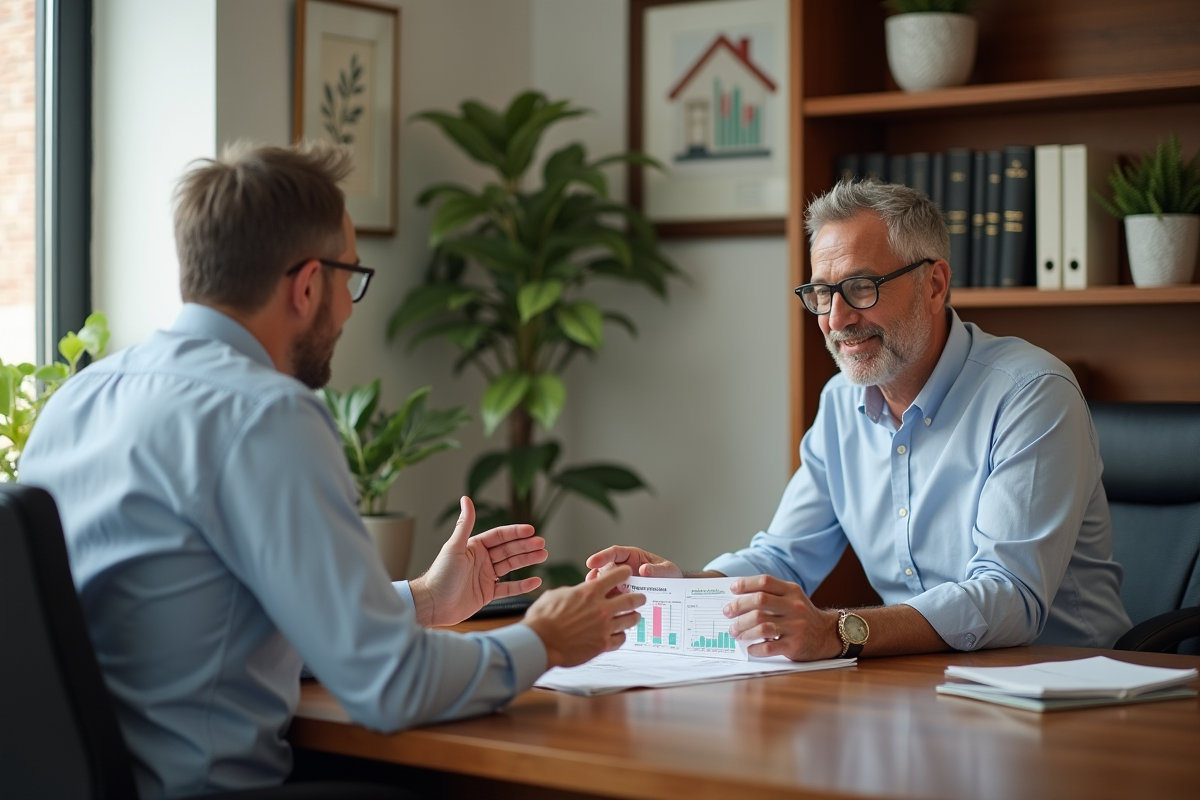 Homme consulte un conseiller bancaire dans un bureau moderne