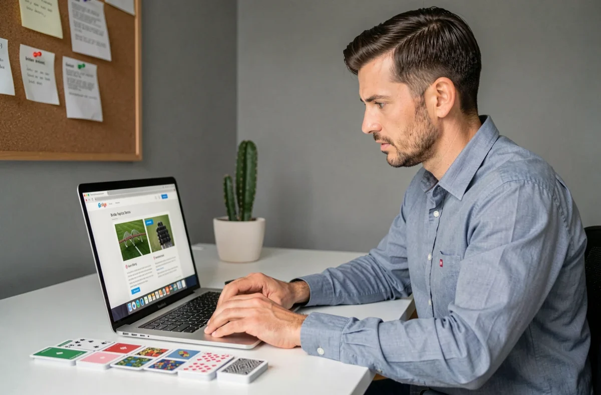 Homme concentré étudiant les tactiques du bridge sur un ordinateur portable avec des cartes étalées sur son bureau
