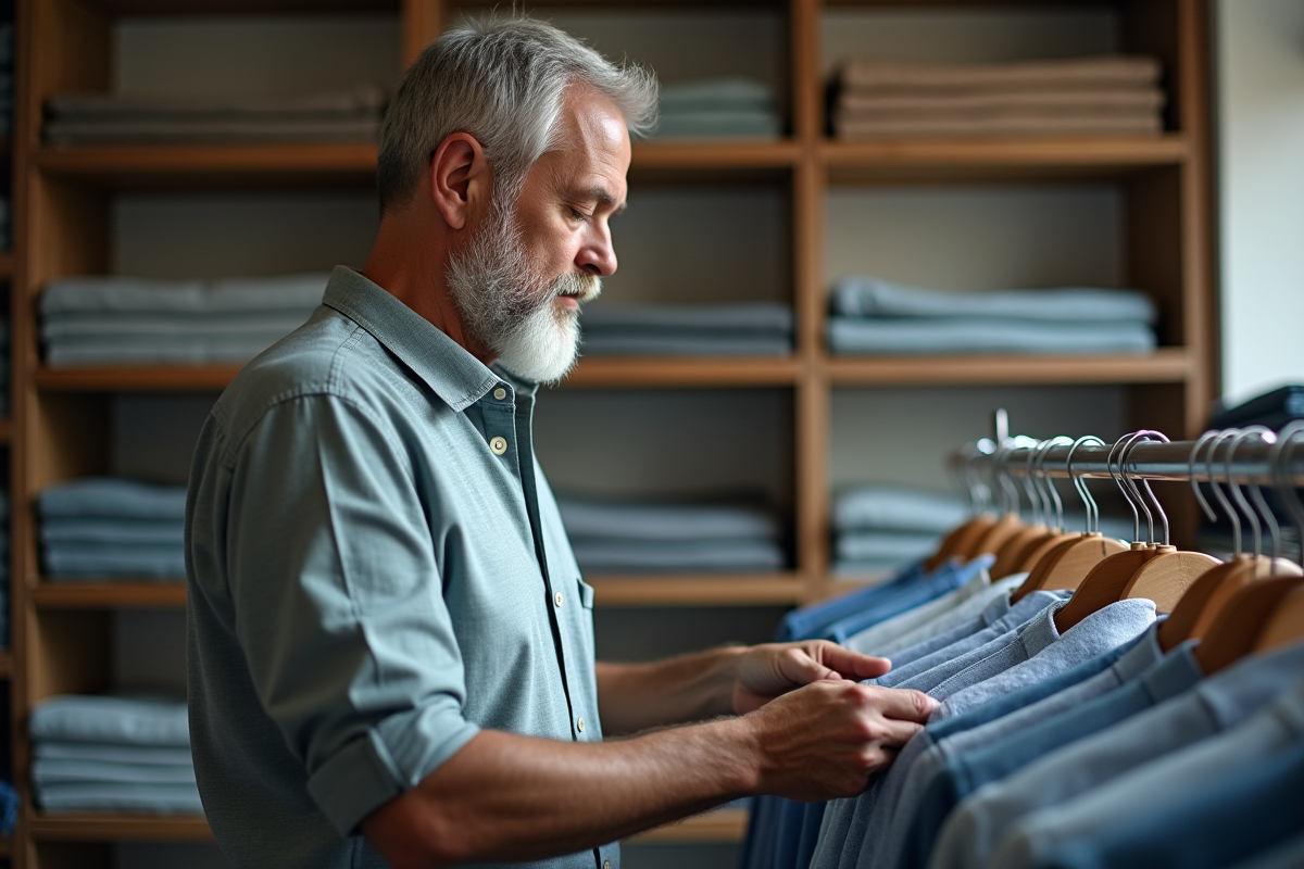Homme vérifiant l’étiquette d’un vêtement dans une boutique