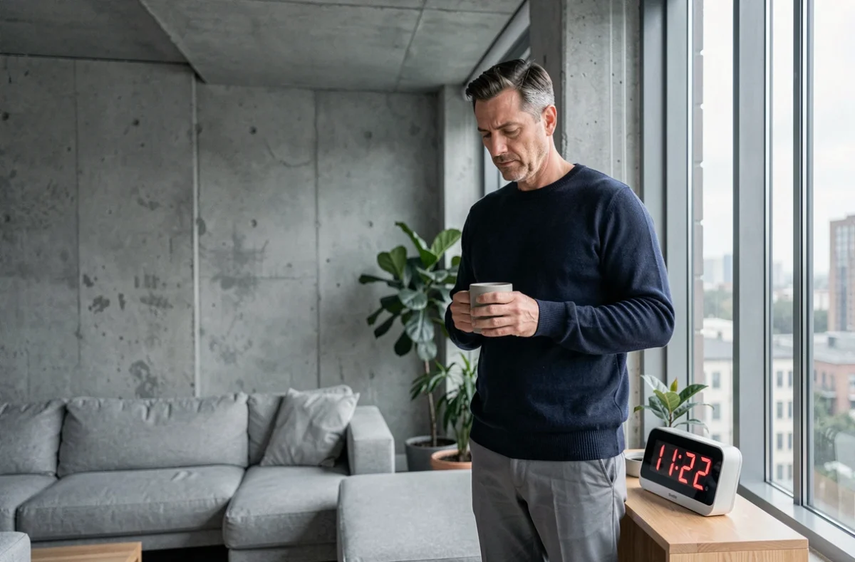 Homme tenant un café regardant une horloge numérique affichant 11h22 dans un appartement moderne et minimaliste