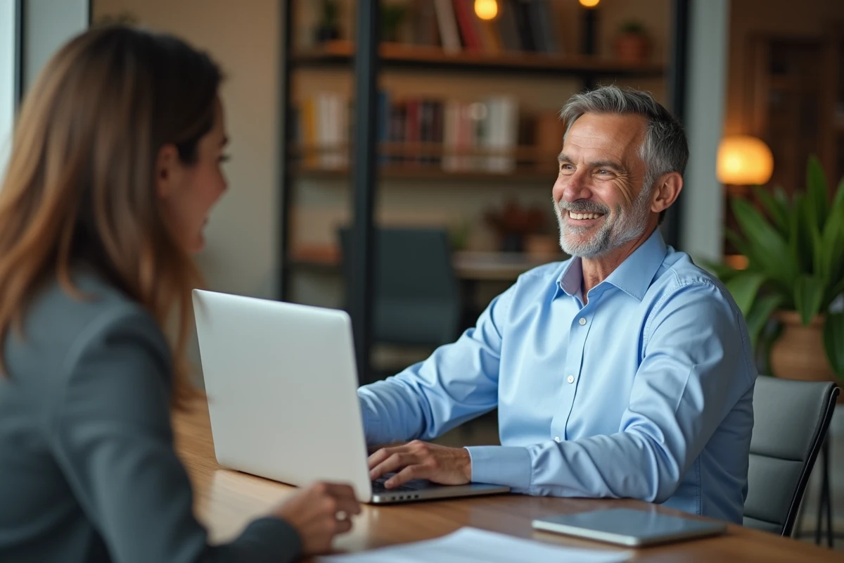 Homme d affaires souriant remercie une jeune femme avec documents