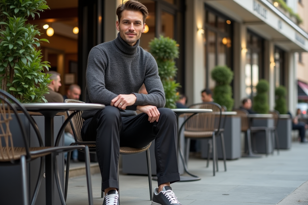 Homme en tenue élégante assis au café en extérieur
