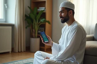 Homme musulman consulte les horaires de prière sur son smartphone dans un appartement à Grenoble