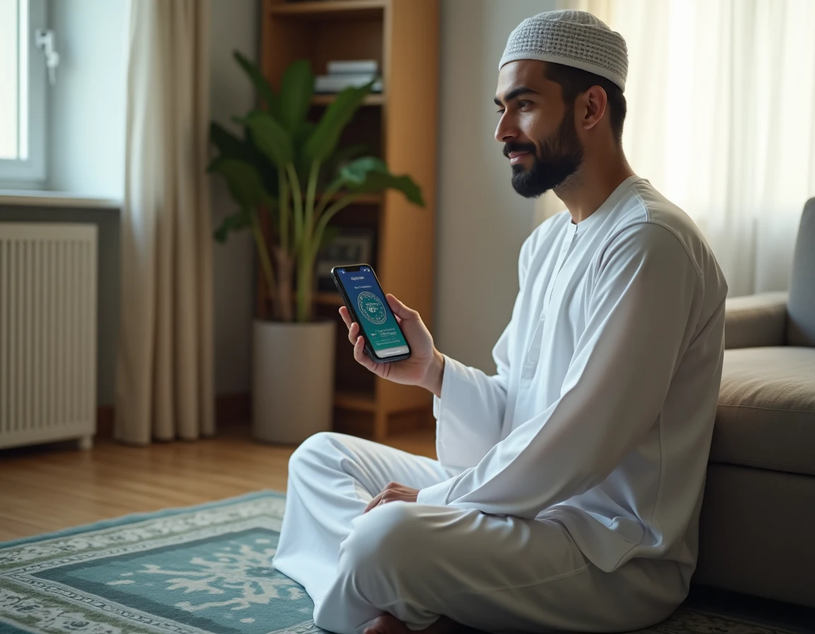 Homme musulman consulte les horaires de prière sur son smartphone dans un appartement à Grenoble