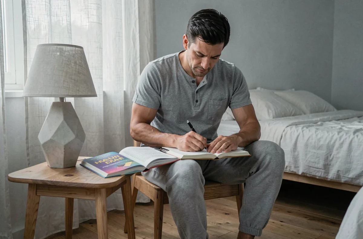Homme prenant des notes dans un journal à côté d'un livre de citations inspirantes sur sa table de nuit le matin