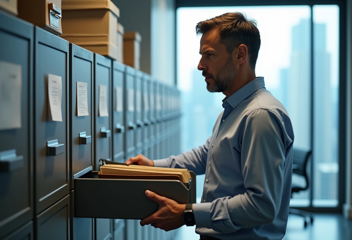 Homme organisant des dossiers dans un bureau contemporain
