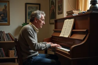 Homme d'âge moyen jouant du piano dans un studio vintage