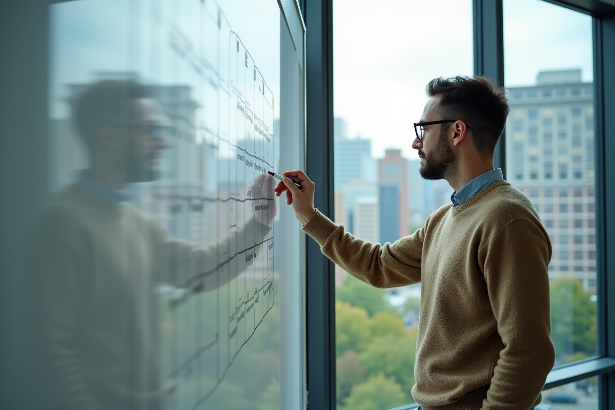 Homme planifiant avec tableau dans bureau urbain