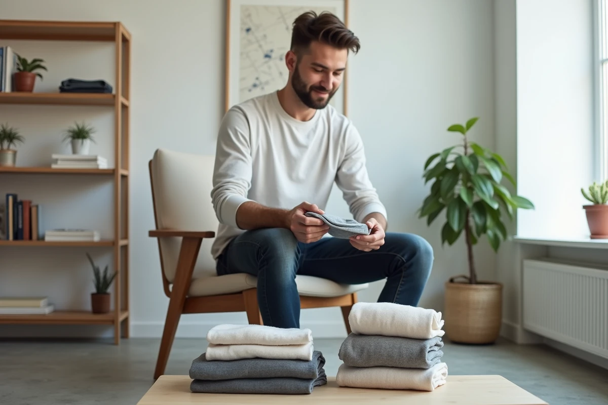 Homme pliant des vêtements dans un salon minimaliste