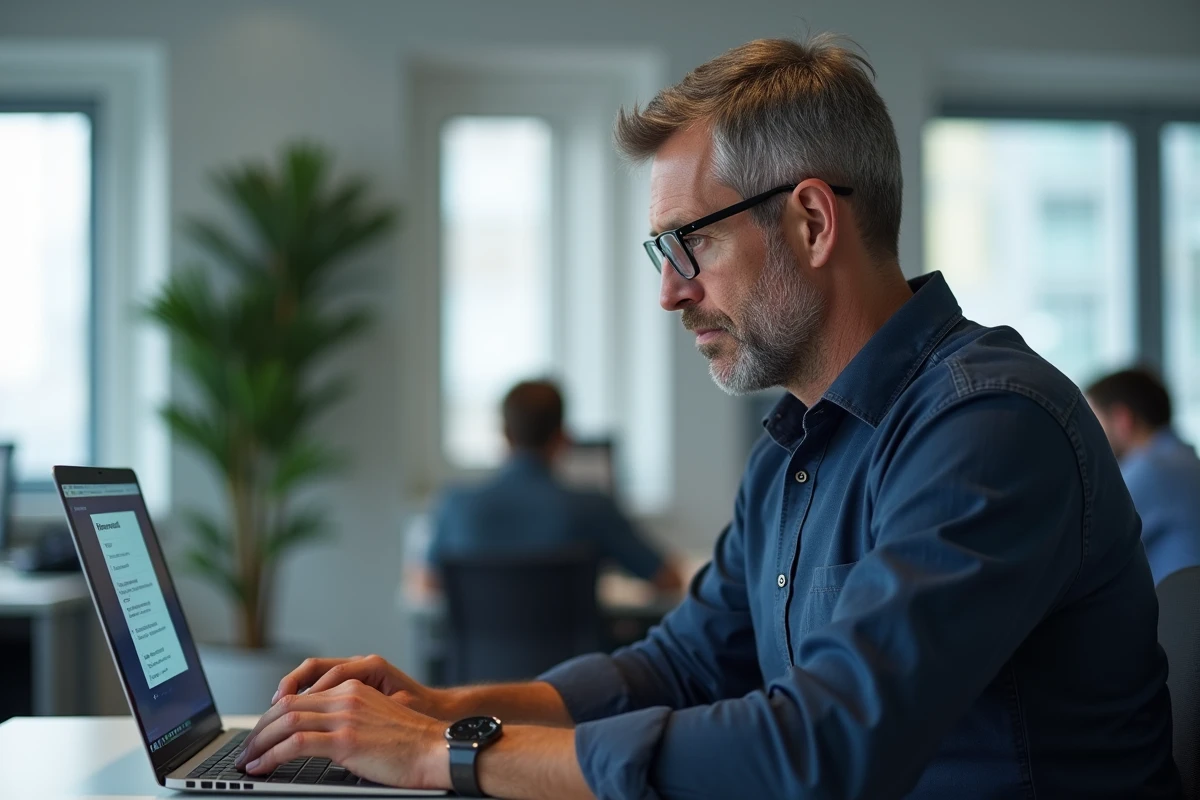 Homme d'âge moyen consultant un quiz de grammaire française sur son ordinateur portable au bureau