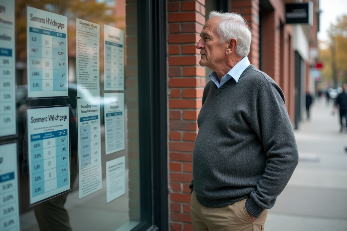 Homme regardant des taux hypothécaires devant une agence immobiliere