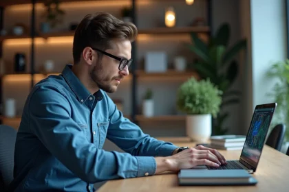 Homme en bureau examine un diagramme réseau sur son laptop