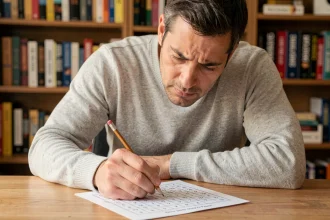 Homme concentré résolvant une grille de sudoku avec un crayon sur un bureau en bois dans un bureau à domicile