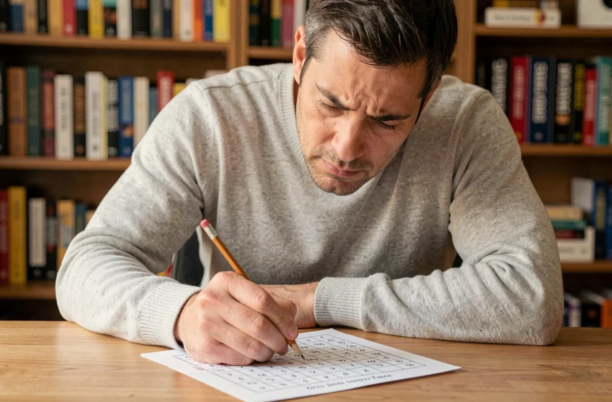 Homme concentré résolvant une grille de sudoku avec un crayon sur un bureau en bois dans un bureau à domicile