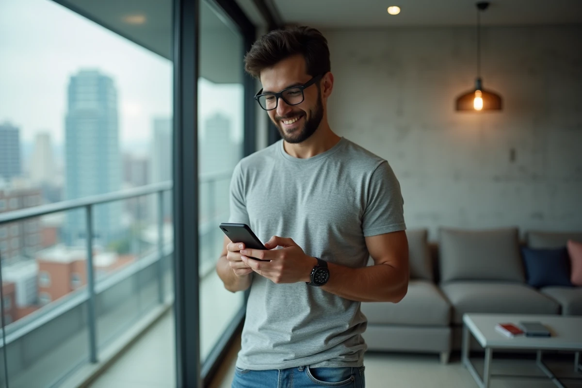 Homme utilisant son smartphone pour participer au tchat en direct de Chérie FM depuis un appartement moderne