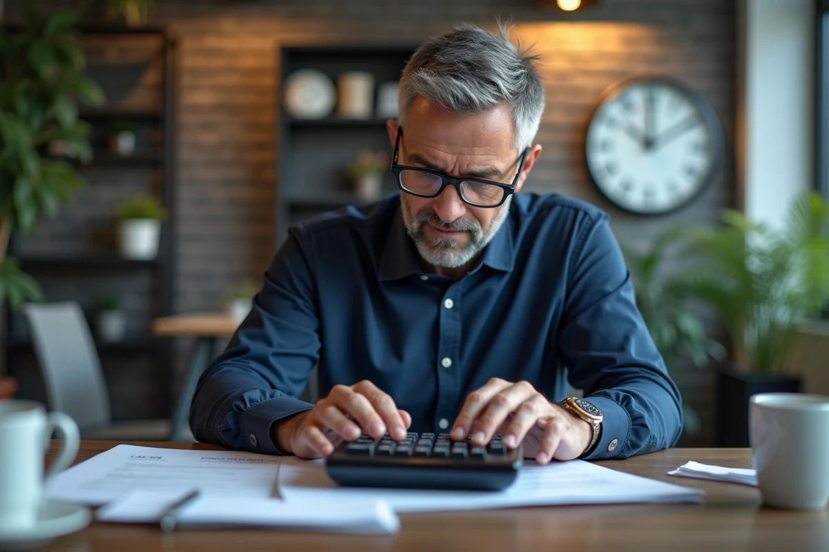 Homme d affaires concentré utilisant une calculatrice numérique