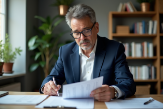 Homme d'âge moyen en costume bleu dans un bureau organisé