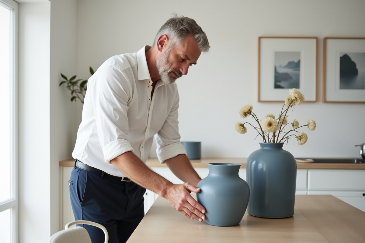 Homme arrangeant un vase indigo dans une cuisine scandinave