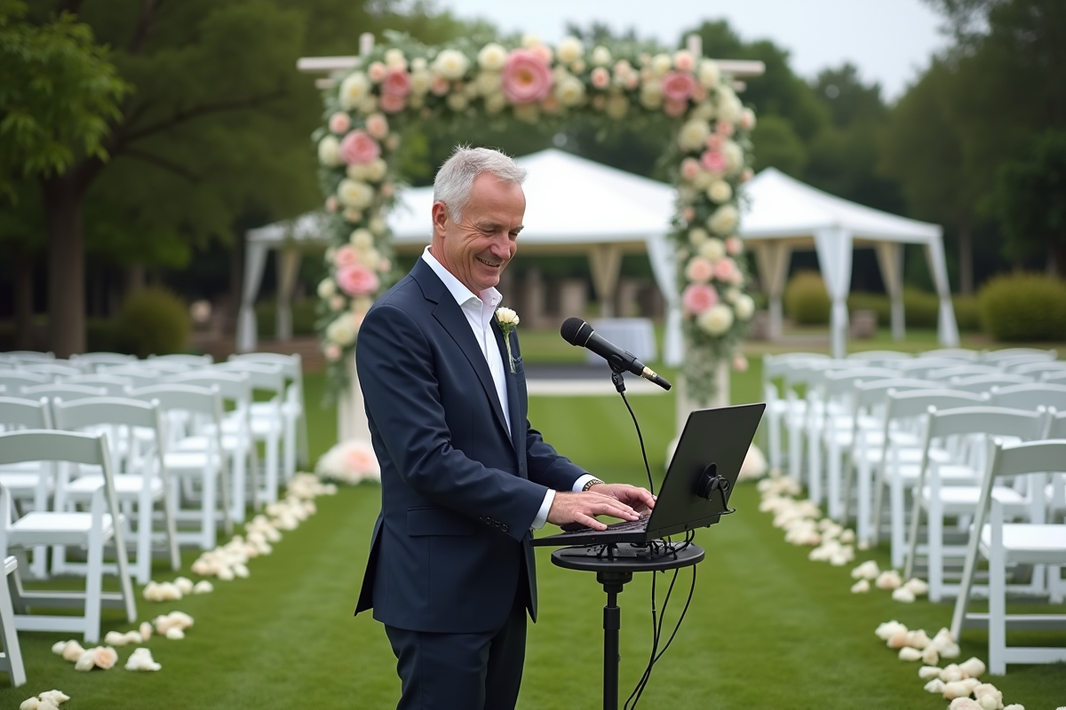 Homme en costume vérifiant le matériel audio en extérieur