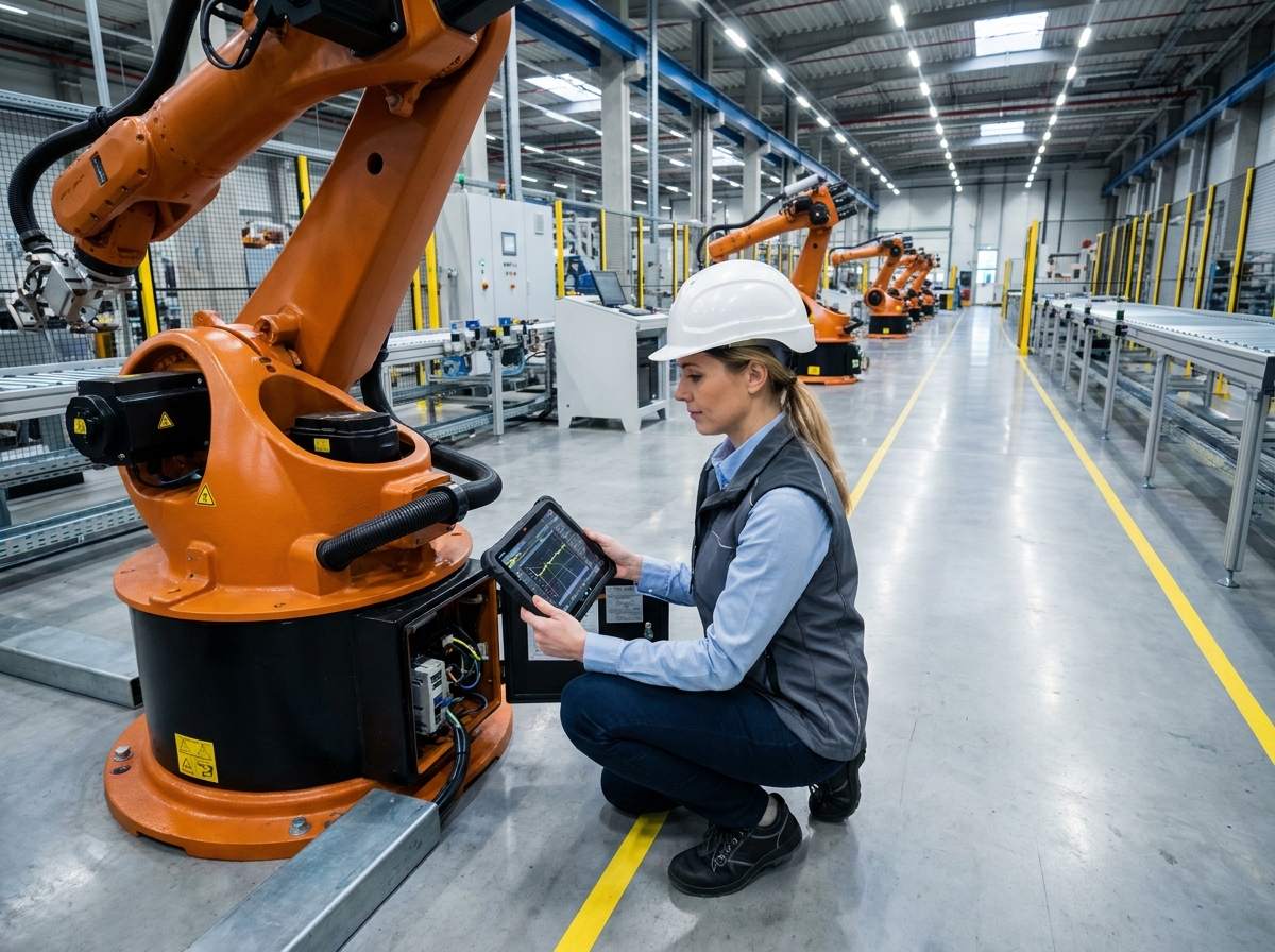 Ingénieure effectuant un diagnostic sur un bras robotique automatisé dans une usine de fabrication