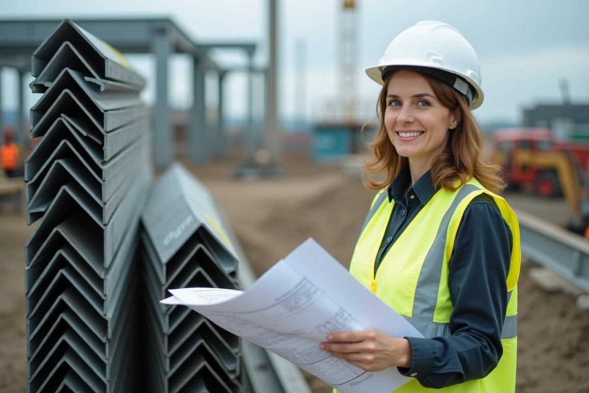 Ingénieure en structure consultant des plans techniques de cornières acier sur un chantier de construction