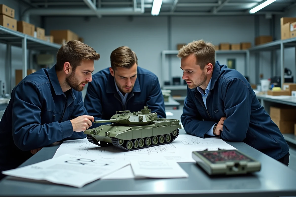 Jeunes ingénieurs analysant un modèle réduit de tank