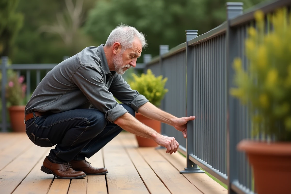 Homme inspectant un barreau aluminium vertical sur une terrasse en bois avec jardinage en arrière-plan