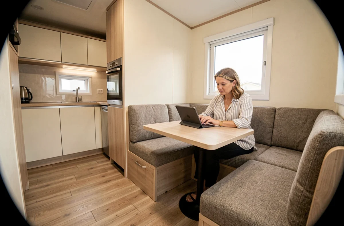 Intérieur contemporain d'un mobil-home haut de gamme avec salon et cuisine ouverte, femme consultant un site de fabricant sur tablette