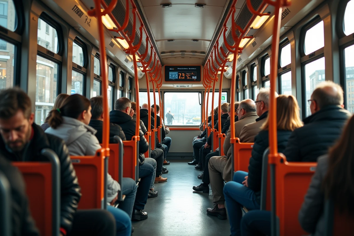 Intérieur d'un tramway de Nantes avec passagers assis et debout, écrans d'information et paysage de la ville visible par les fenêtres