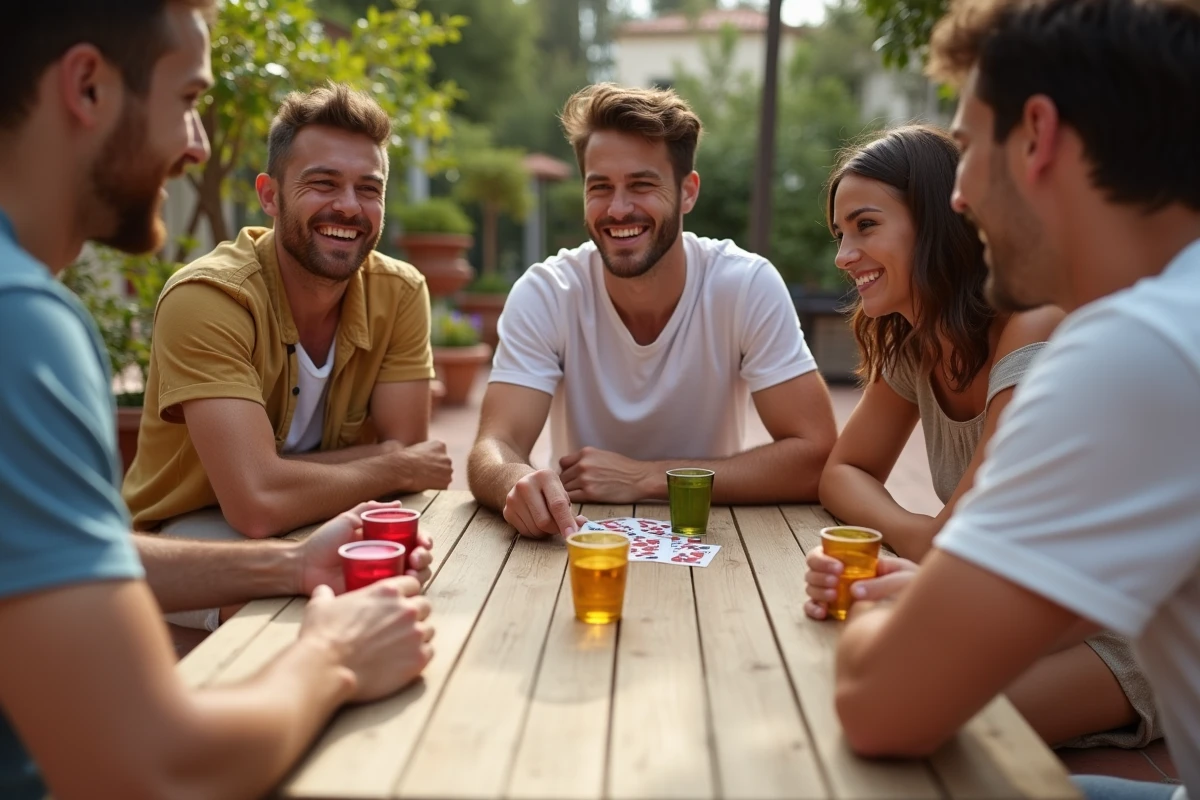 Groupe de jeunes adultes jouant au jeu du palmier autour d'une table en bois avec des cartes et des verres colorés sur une terrasse estivale
