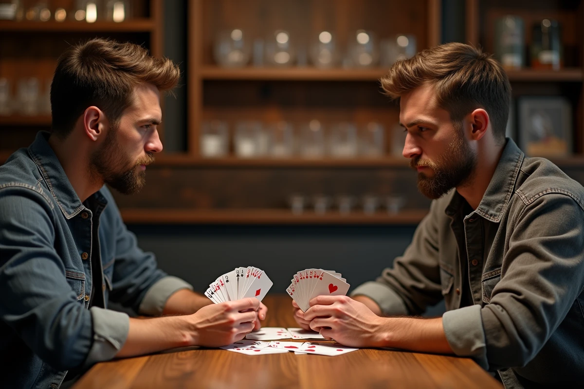 Deux hommes jouant au jeu du palmier face à face au comptoir d'un bar intérieur avec des cartes à jouer et une ambiance décontractée